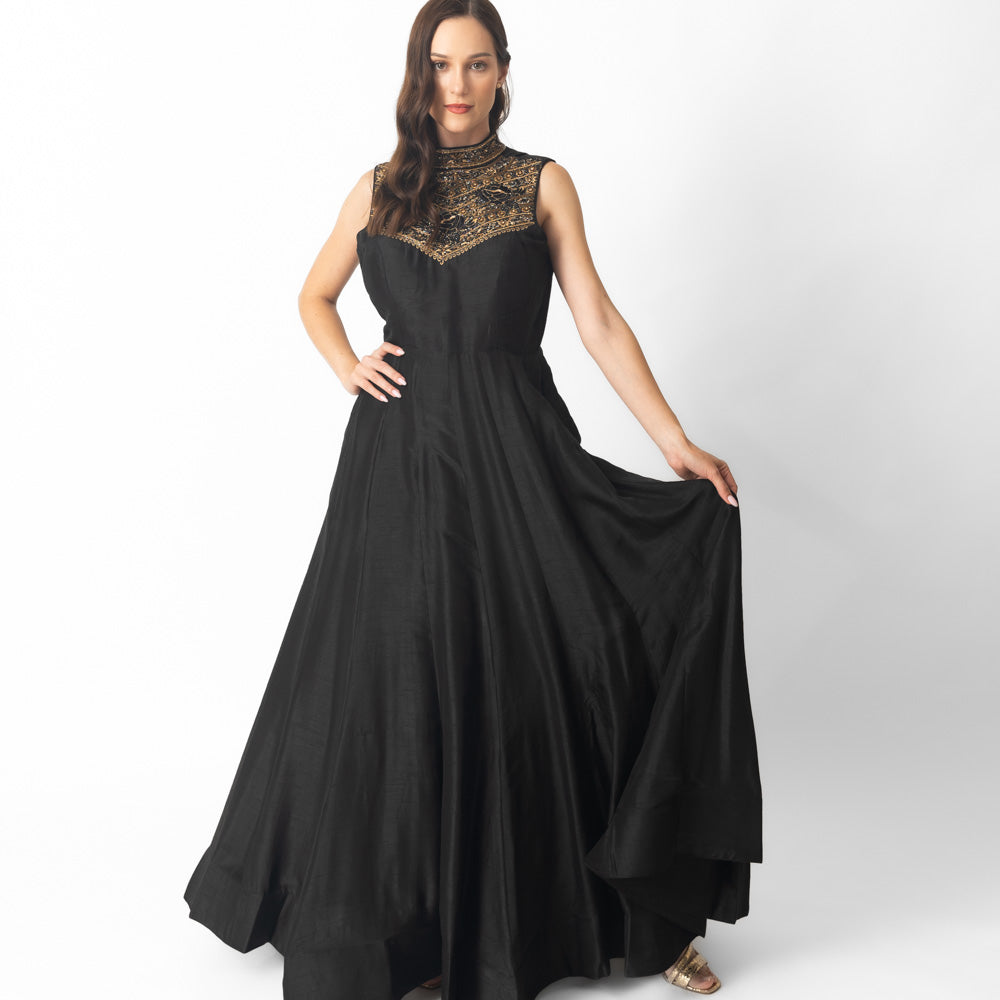 Mona Black Raw Silk Gown