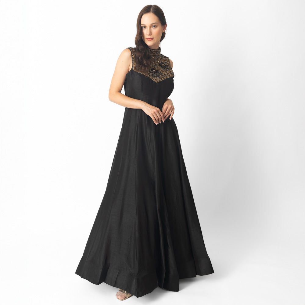 Mona Black Raw Silk Gown