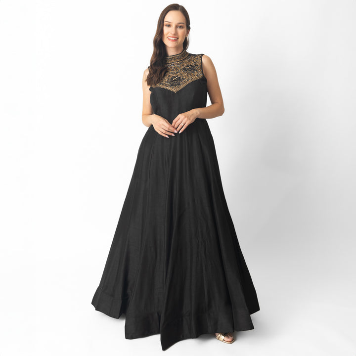 Mona Black Raw Silk Gown