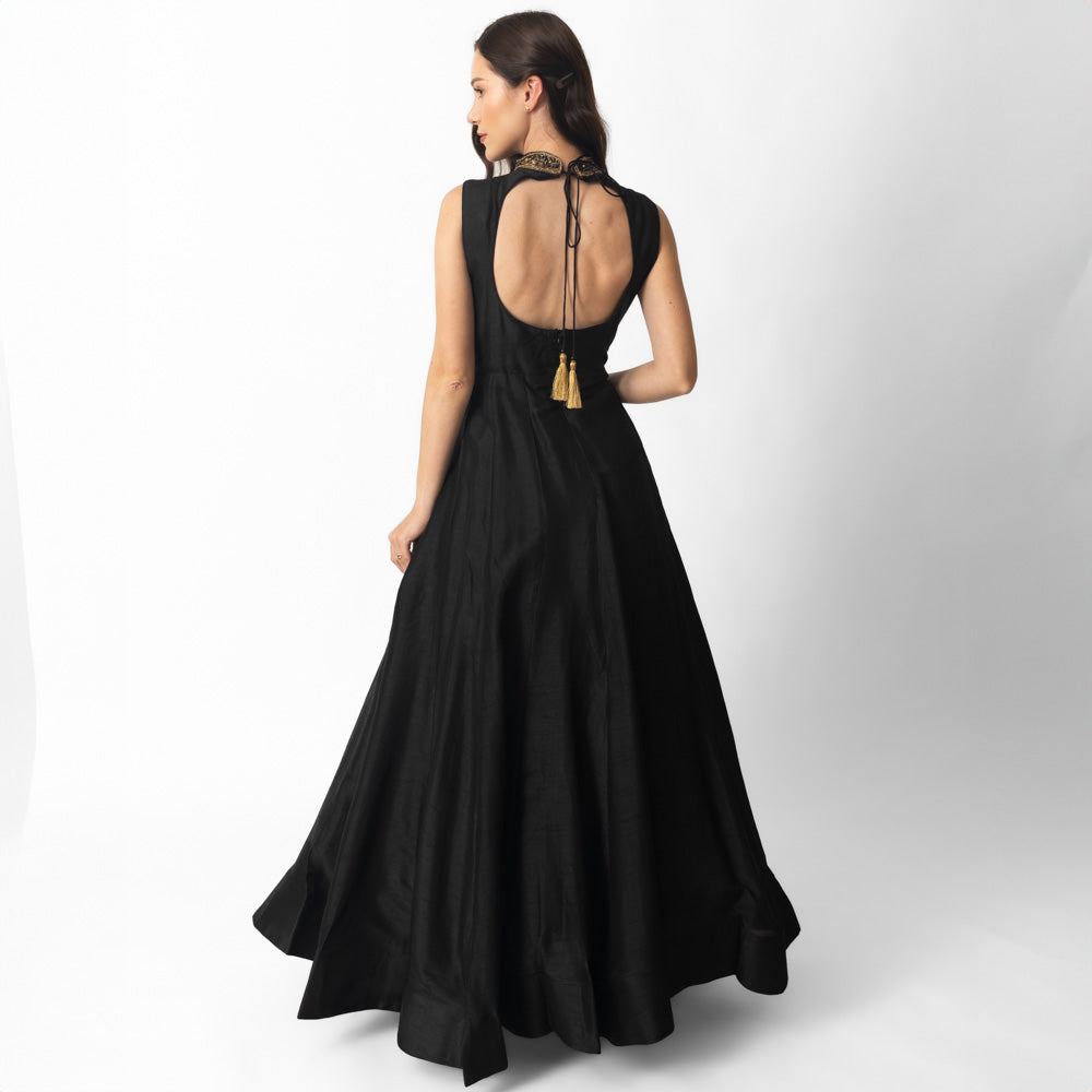 Mona Black Raw Silk Gown