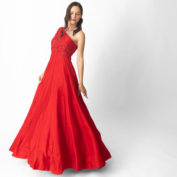 Kia Red Raw silk One Shoulder Gown Dress