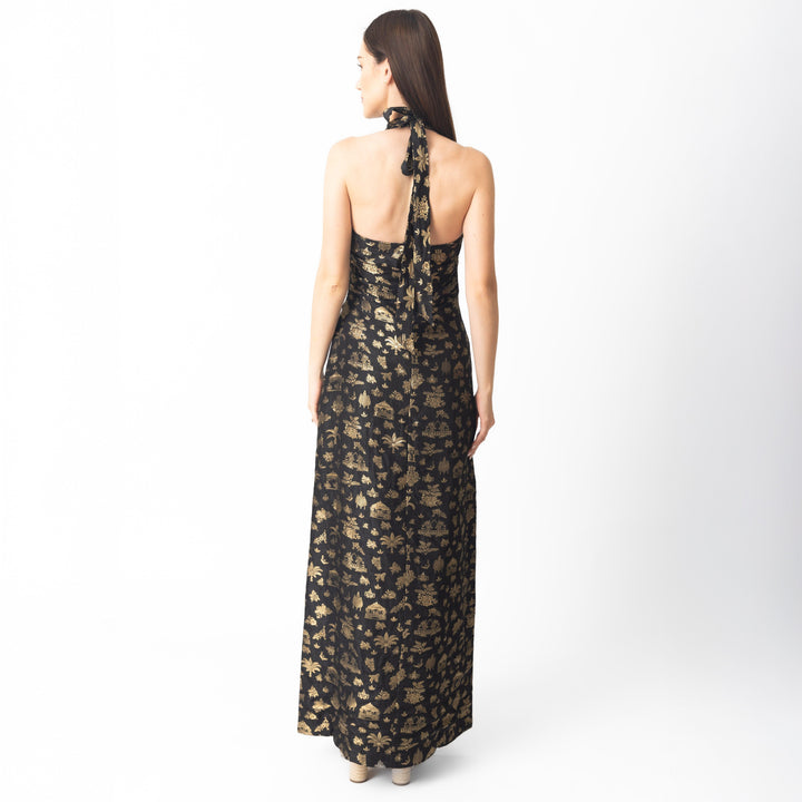 Leontine Black and Gold Long Dress with Slit