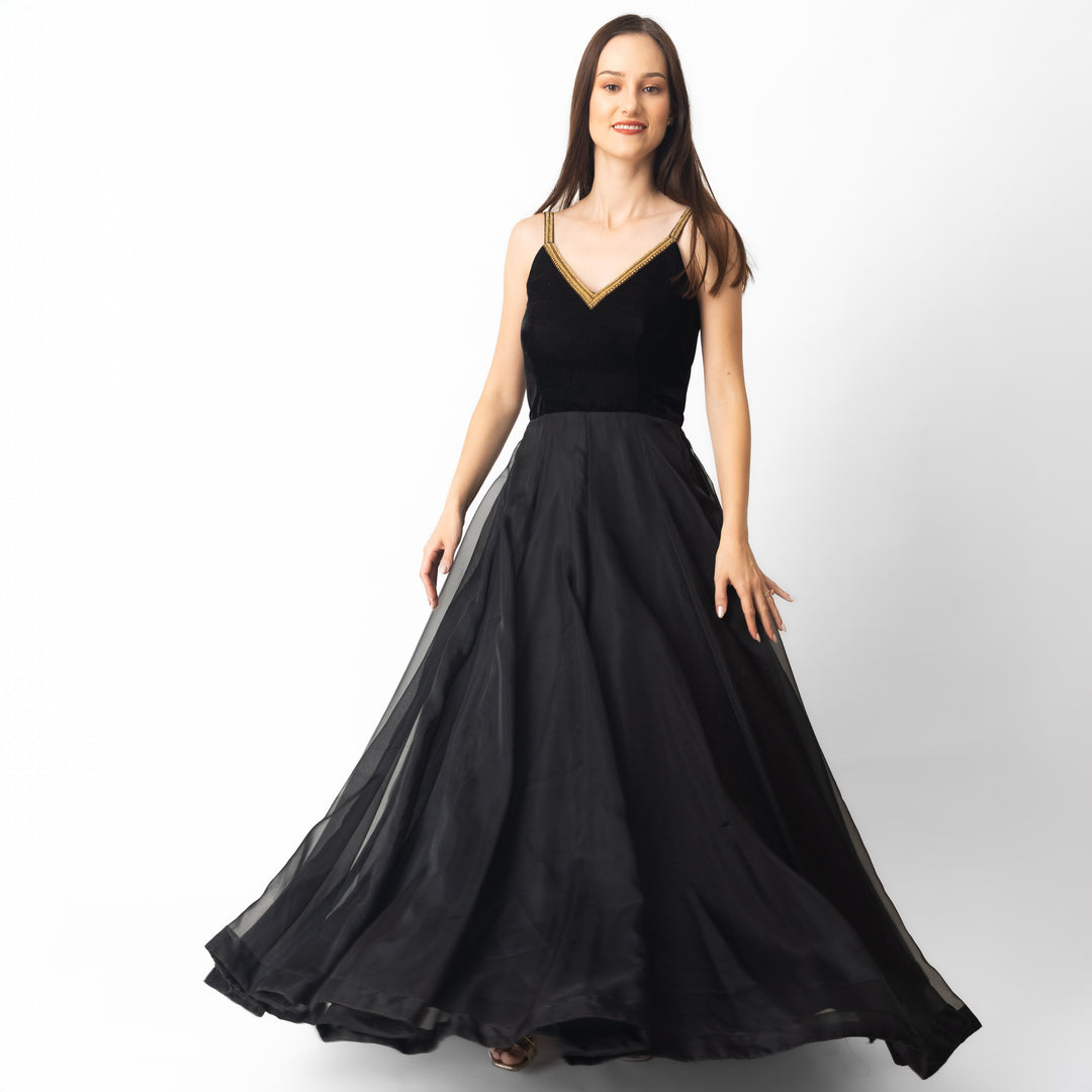 Vee Black Gown with Hand Embroidery