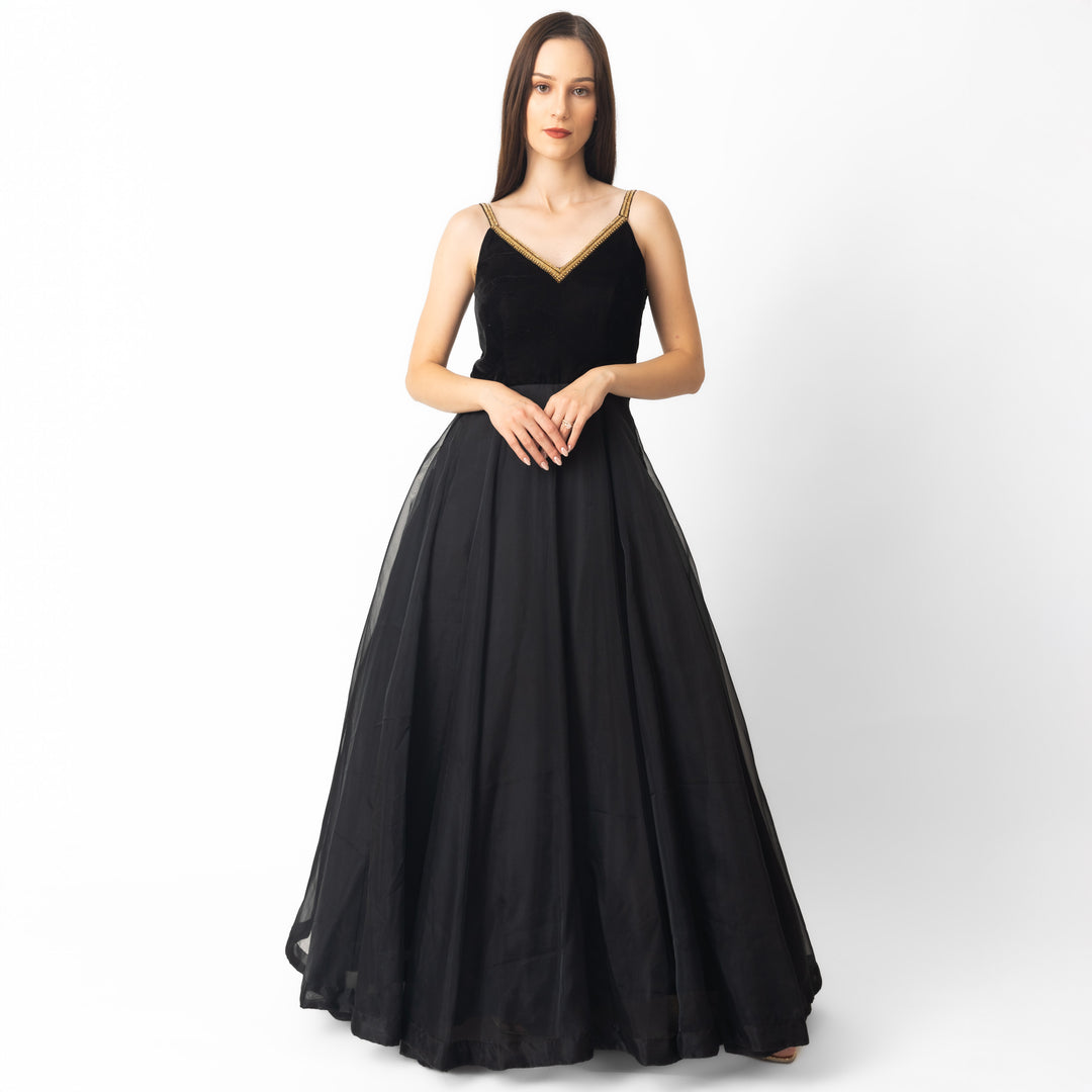 Vee Black Gown with Hand Embroidery