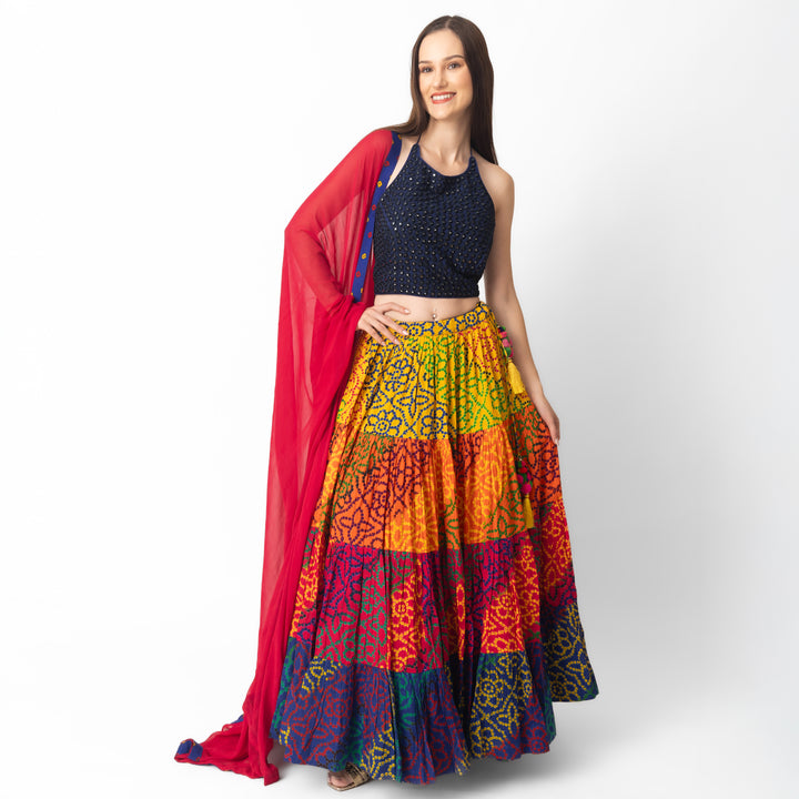 Sayli 3 Piece Lehenga with Mirror Embroidery Top and Multicolor Tiered Skirt