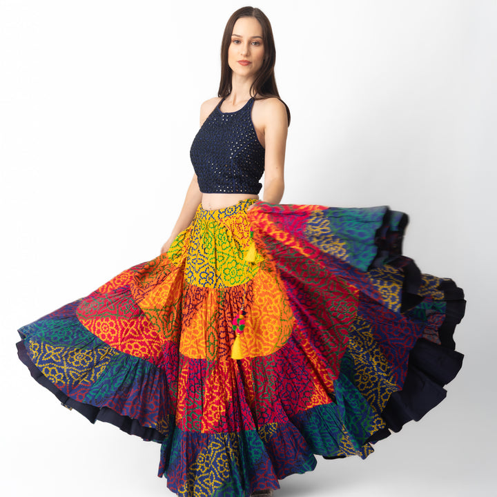 Sayli 3 Piece Dress with Mirror Embroidery Top and Multicolor Tiered Skirt