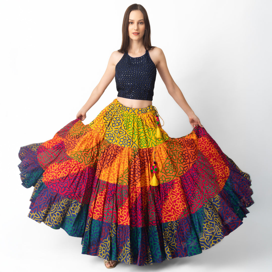 Sayli 3 Piece Dress with Mirror Embroidery Top and Multicolor Tiered Skirt