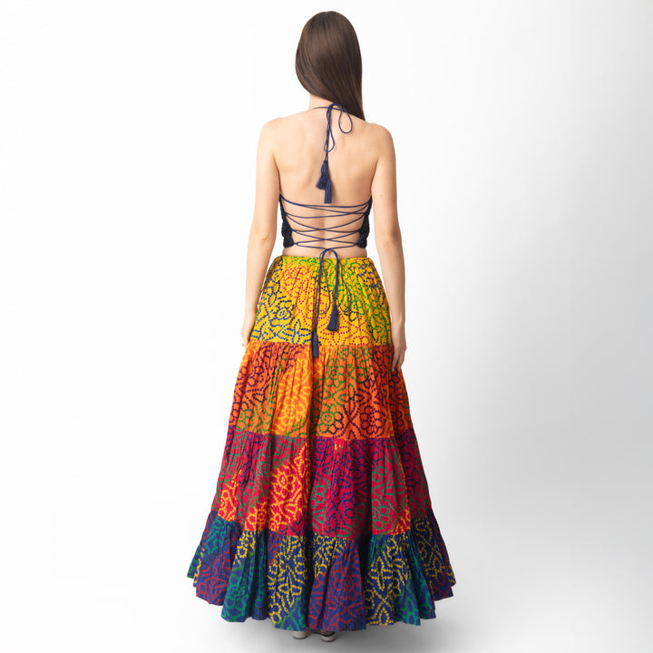 Sayli 3 Piece Dress with Mirror Embroidery Top and Multicolor Tiered Skirt