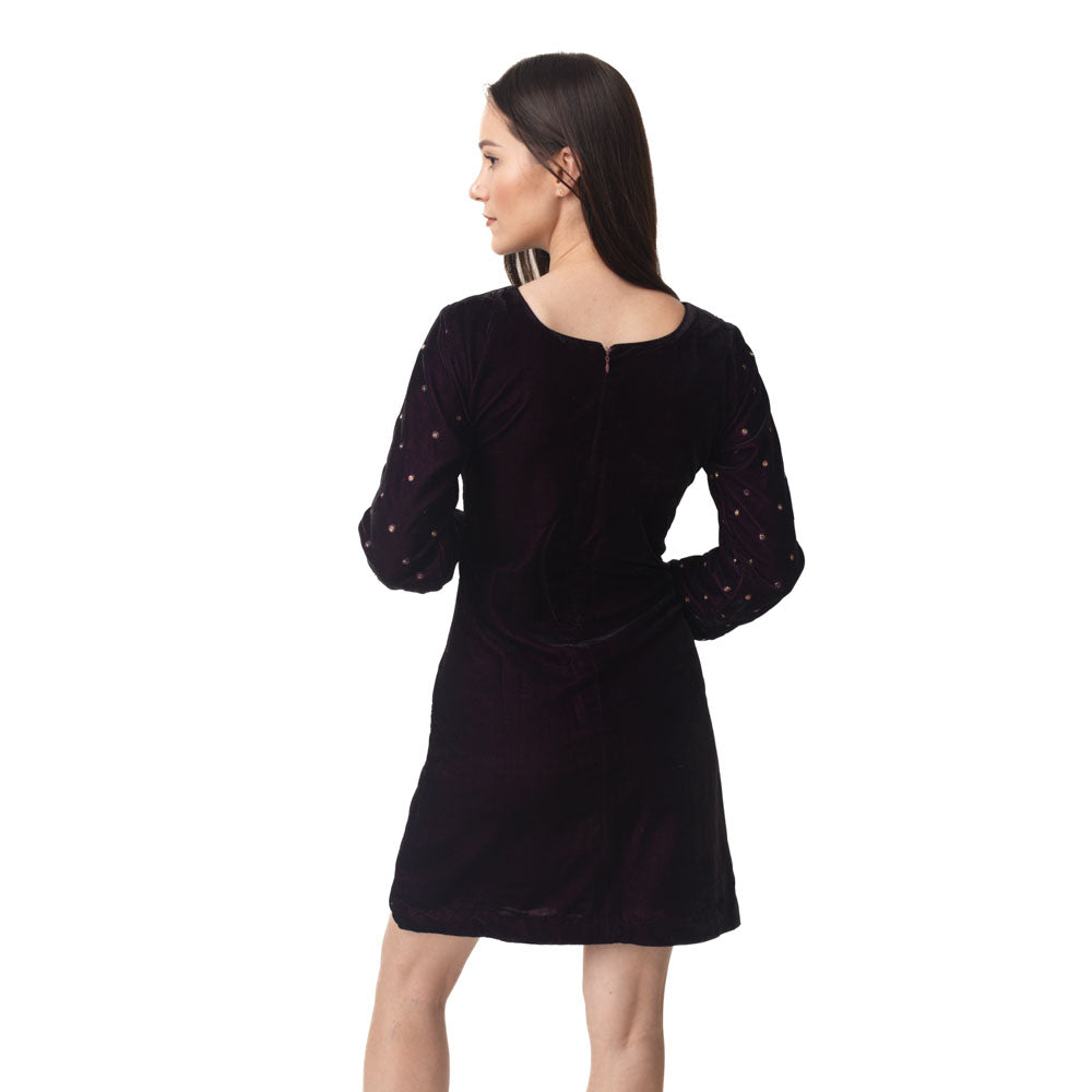 Lica Wine Velvet Dress with Hand Embroidery