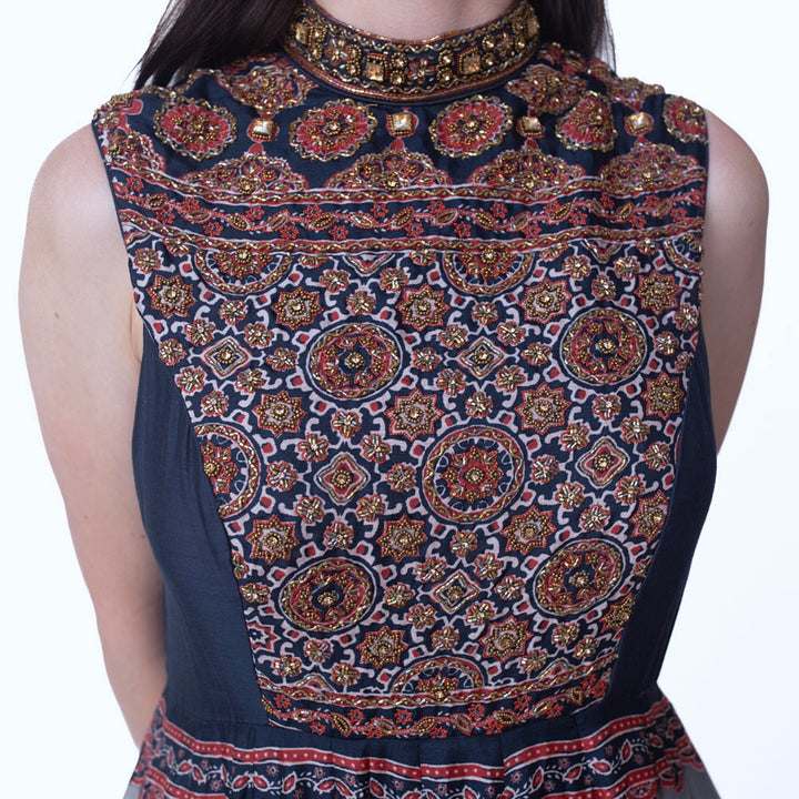 Kamila Dress with hand embroidered torso and printed hem