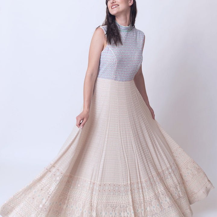 Manya Gown Dress with all over chikankari embroidery and hand embroidered torso