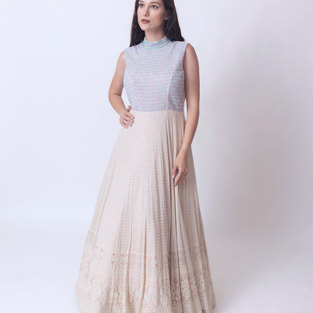 Manya Gown Dress with all over chikankari embroidery and hand embroidered torso