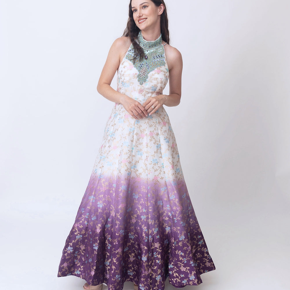 Maria shaded banarasi jacquard Gown dress with hand embroidered torso