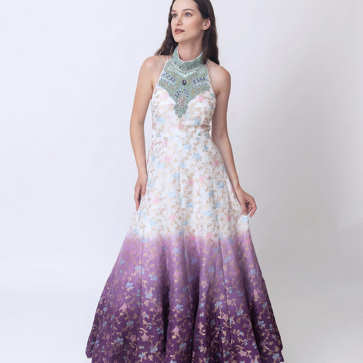 Maria Shaded Banarasi Jacquard Gown Dress with Hand Embroidered Torso