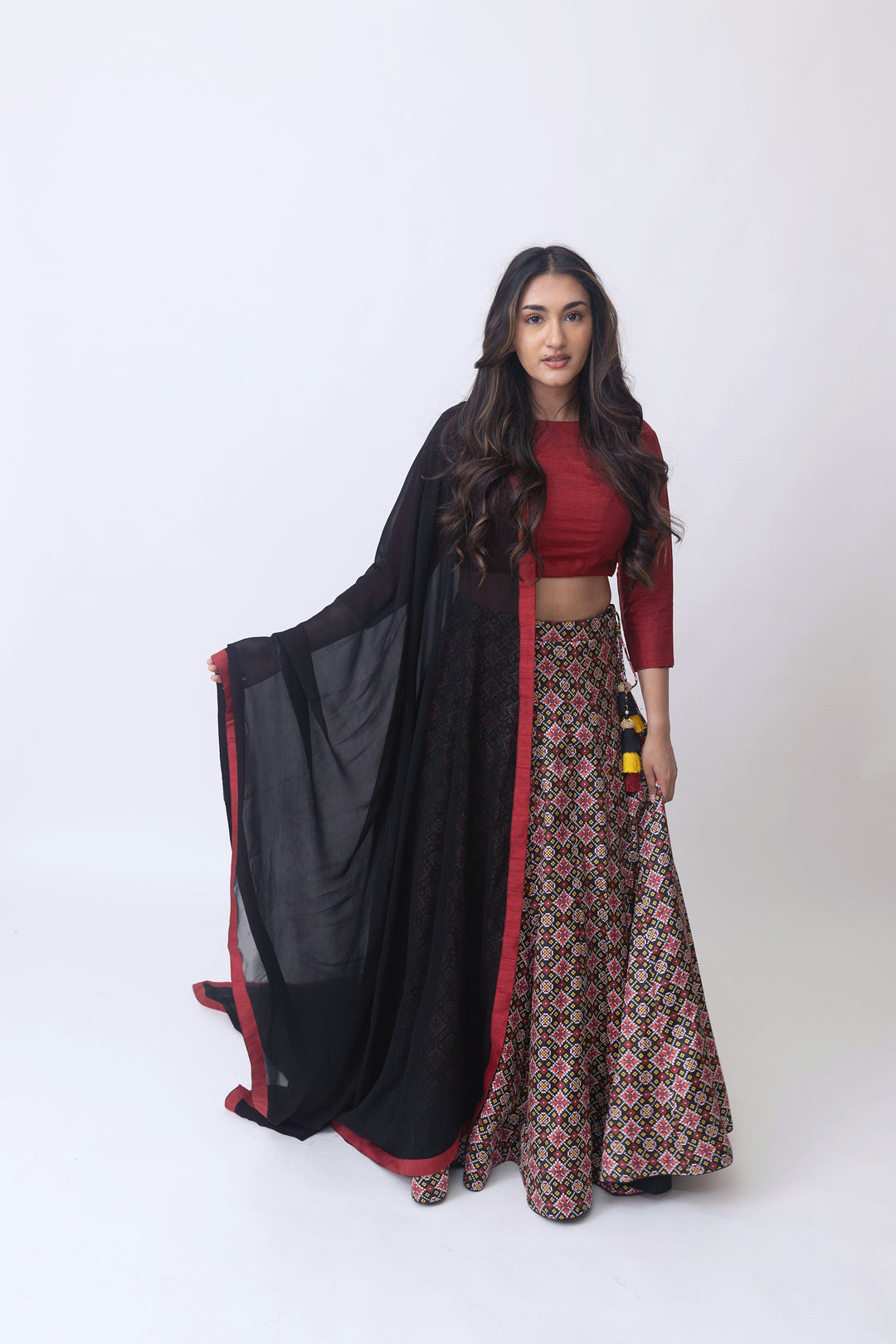 Kya Black Red silk lehenga choli set