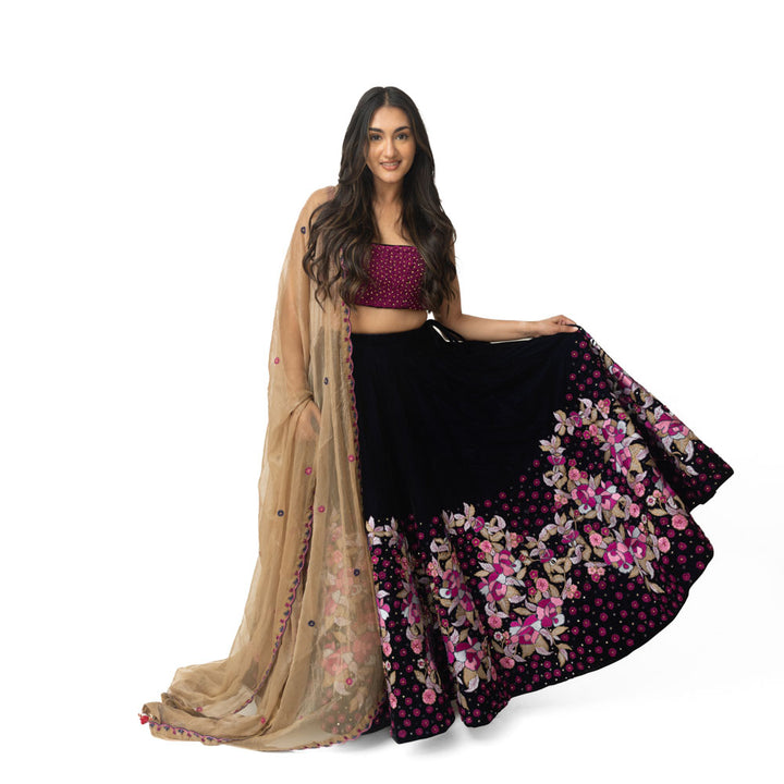 Ayana Velvet Lehenga with Floral Resham Embroidery