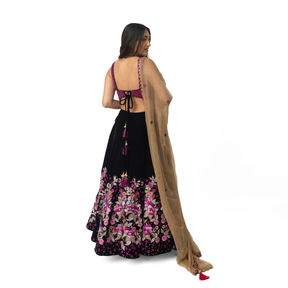 Ayana Velvet Lehenga with Floral Resham Embroidery