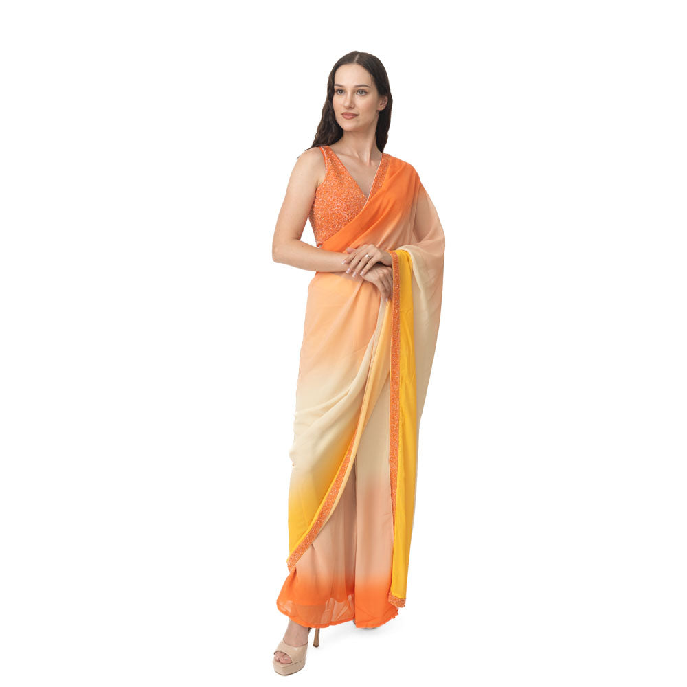 Shaded silk pre-draped saree with hand embroidered blouse