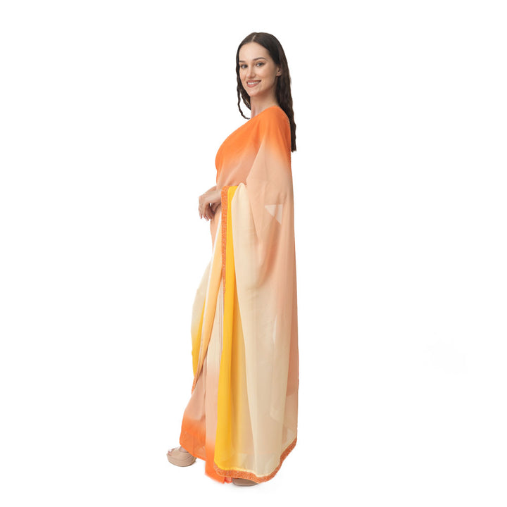 Shaded silk pre-draped saree with hand embroidered blouse