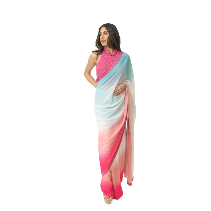 Shaded silk pre-draped saree with hand embroidered blouse