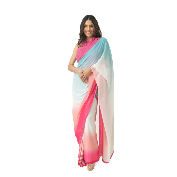 Shaded silk pre-draped saree with hand embroidered blouse