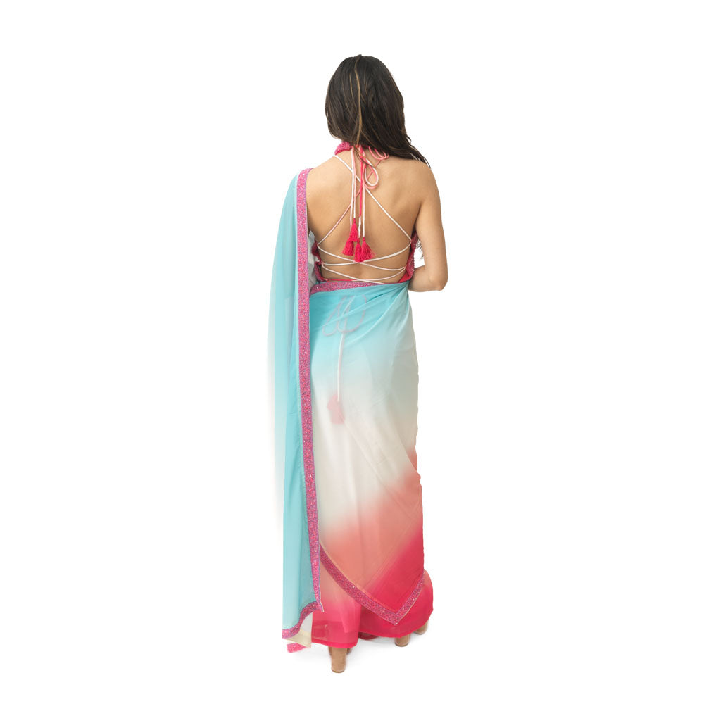 Shaded silk pre-draped saree with hand embroidered blouse