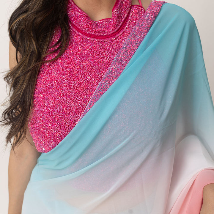 Shaded silk pre-draped saree with hand embroidered blouse