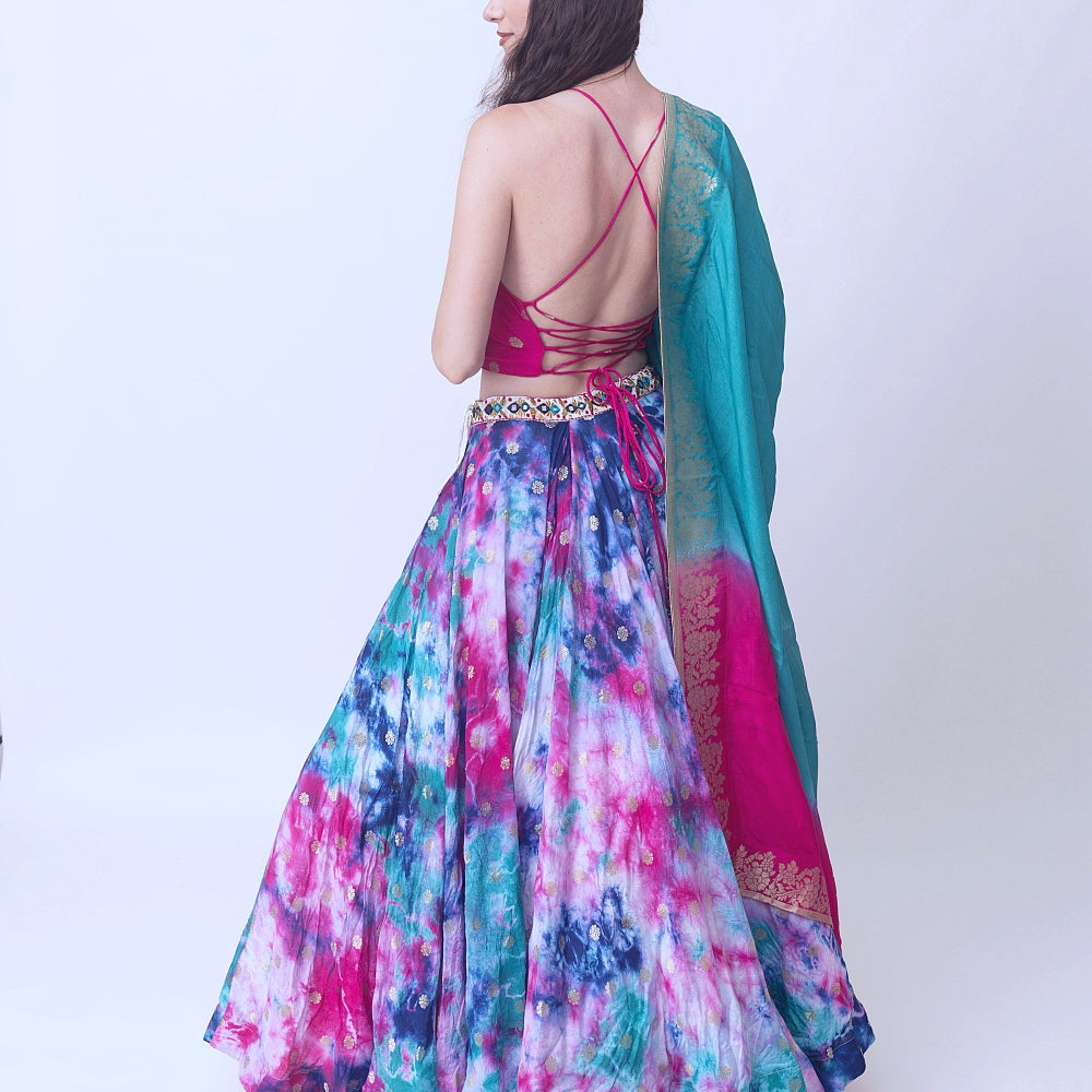 Maya hand tie dye lehenga set with heavy embroidery blouse