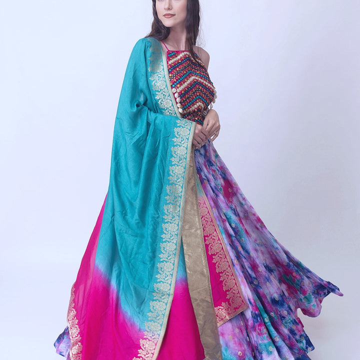 Maya hand tie dye lehenga set with heavy embroidery blouse