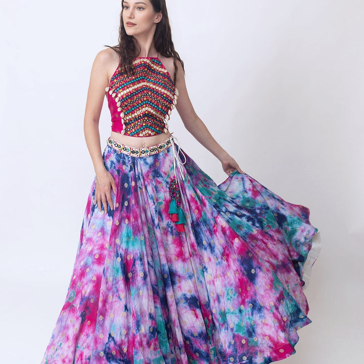 Maya hand tie dye lehenga set with heavy embroidery blouse