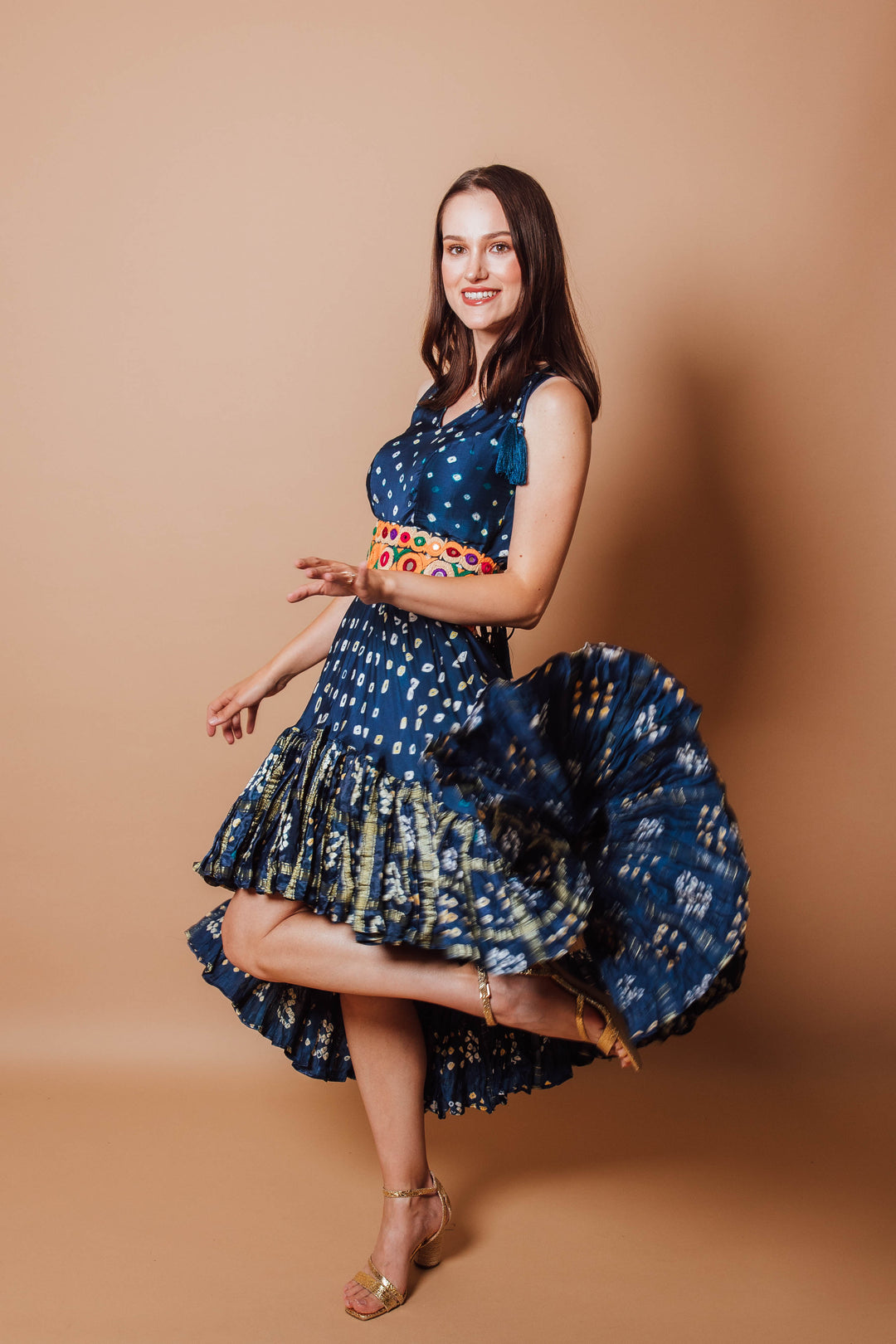 Evelyn Blue Bandhani Tte Dye Dress with Ruffle Trim