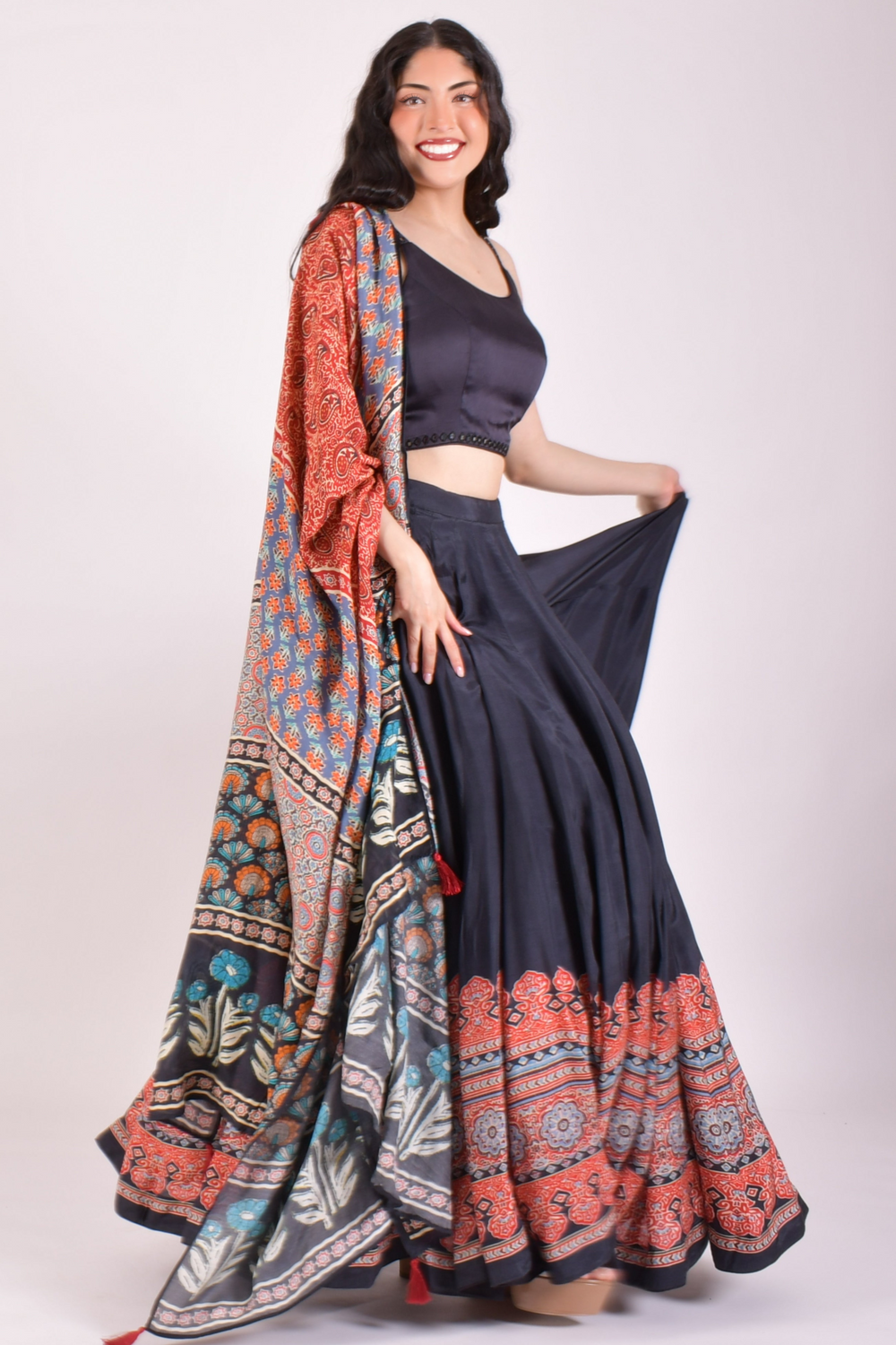 Black Ajrakh Print Chaniya Choli With Dupatta