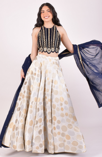 Ivory & Gold Jacquard Lehenga Choli With Dupatta
