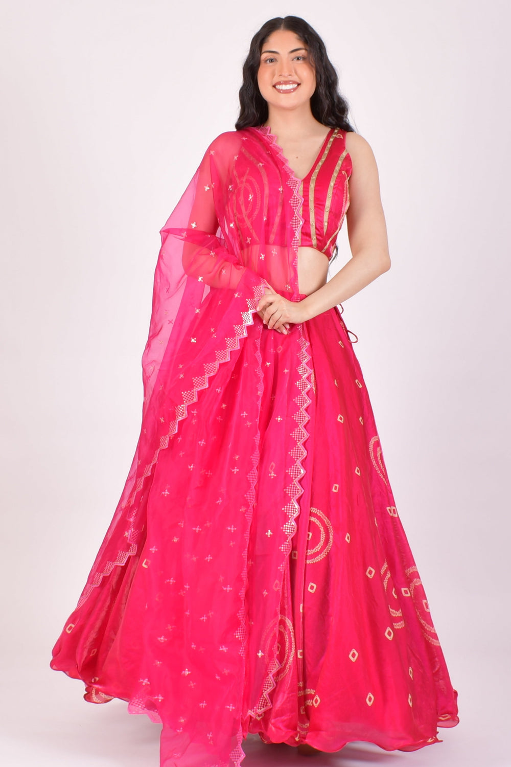 Fuchsia Pink Bandhej Shimmer Silk Chaniya Choli