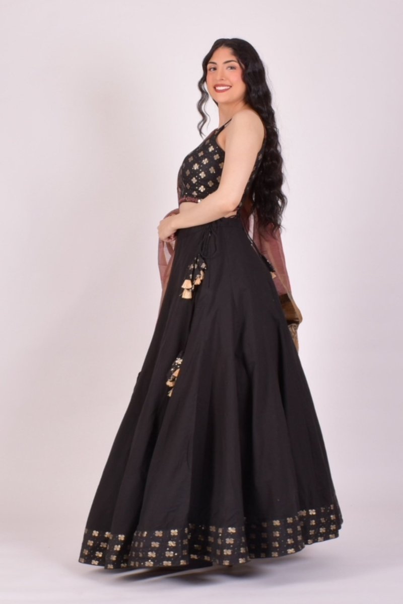 Black Mirror Work Cotton Chaniya Choli With Dupatta