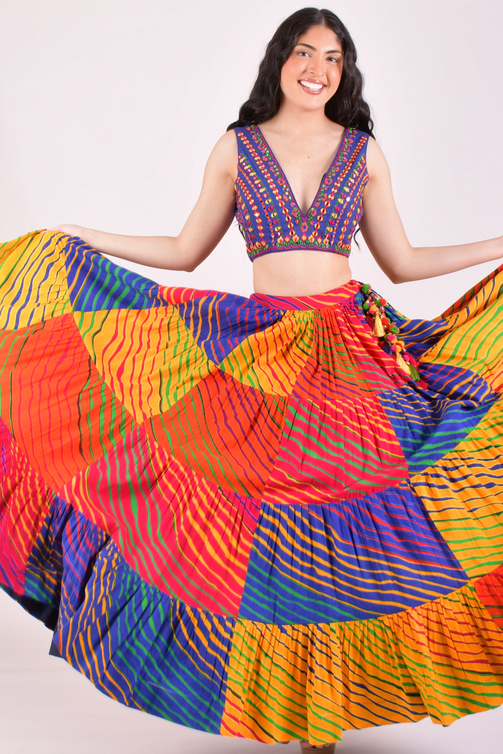 Multicolor Leheriya Tiered Chaniya Choli With Dupatta
