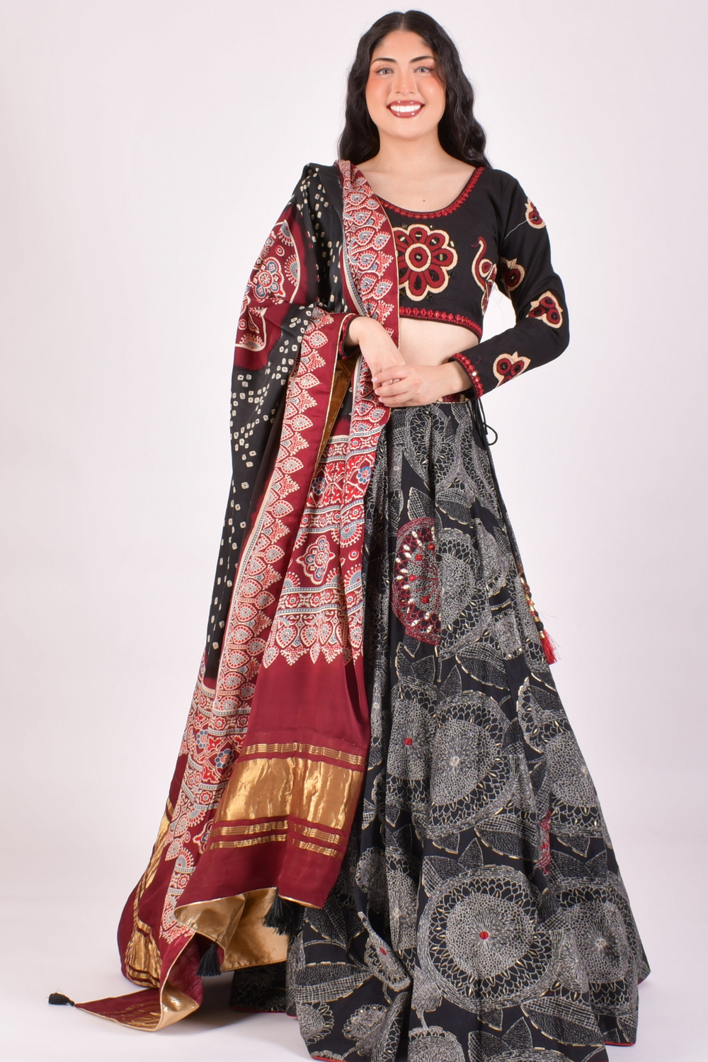 Black Full Flare Chaniya Choli With Bandhej Dupatta