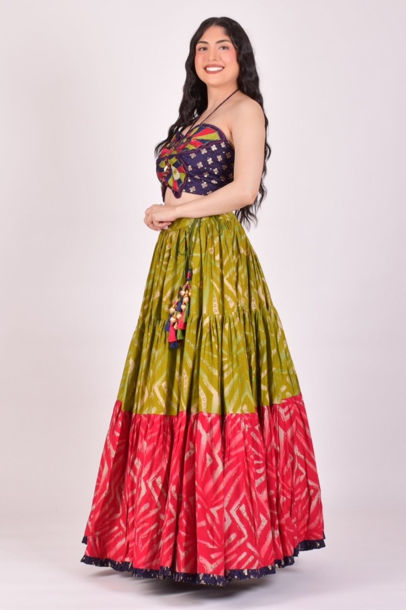 Parrot Green & Fuchsia Bandhani Tiered Chaniya Choli