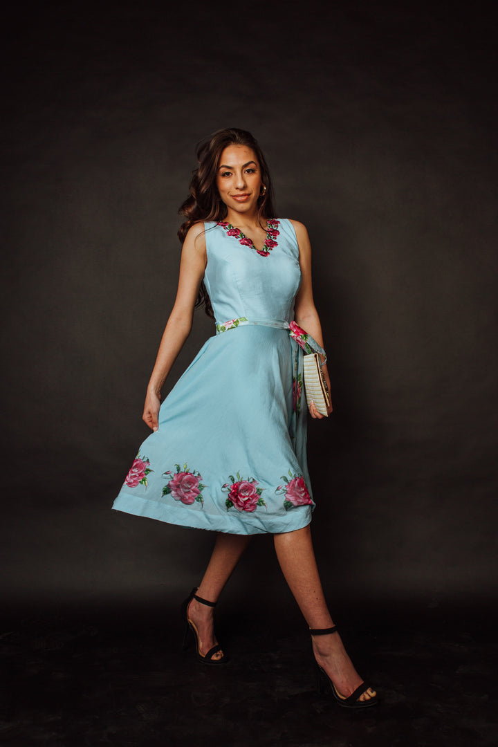 Nerissa Blue Midi Dress with Floral Embroidery