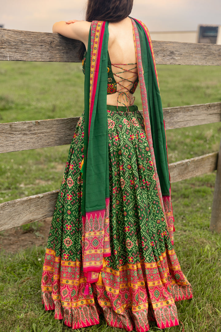 Eliz Green Patola Print Green Chaniya Choli with Mirror Work