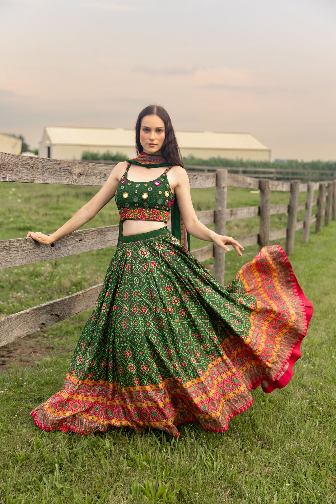 Eliz Green Patola Print Green Chaniya Choli with Mirror Work