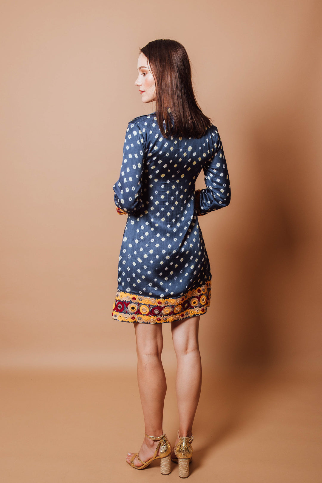 Kisha Blue pure bandhej Blazer Dress with Hand Embroidered Trim