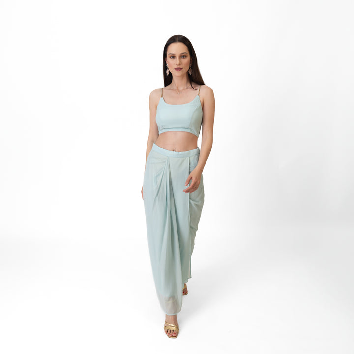 Kiya Sky Blue Shimmer Drape Skirt Set