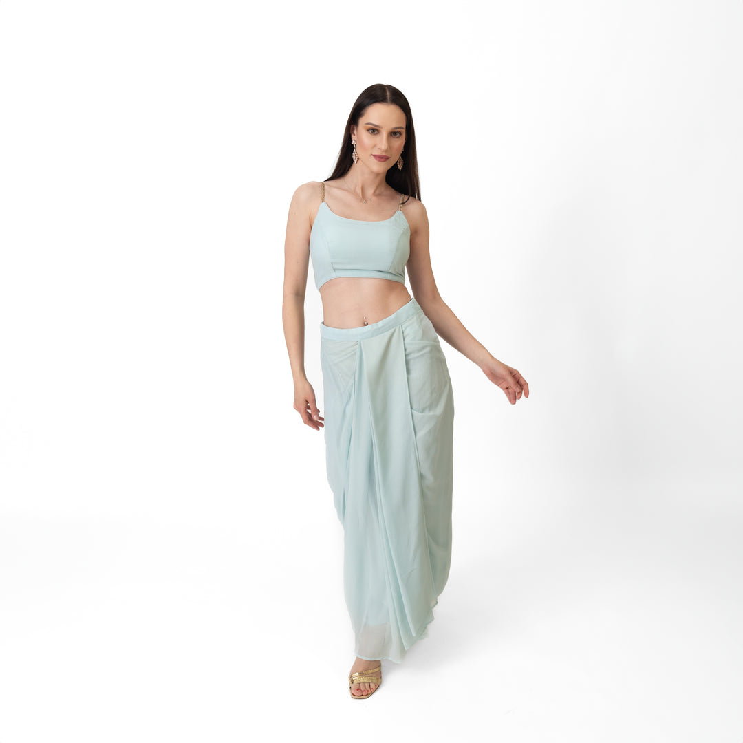 Kiya Sky Blue Shimmer Drape Skirt Set