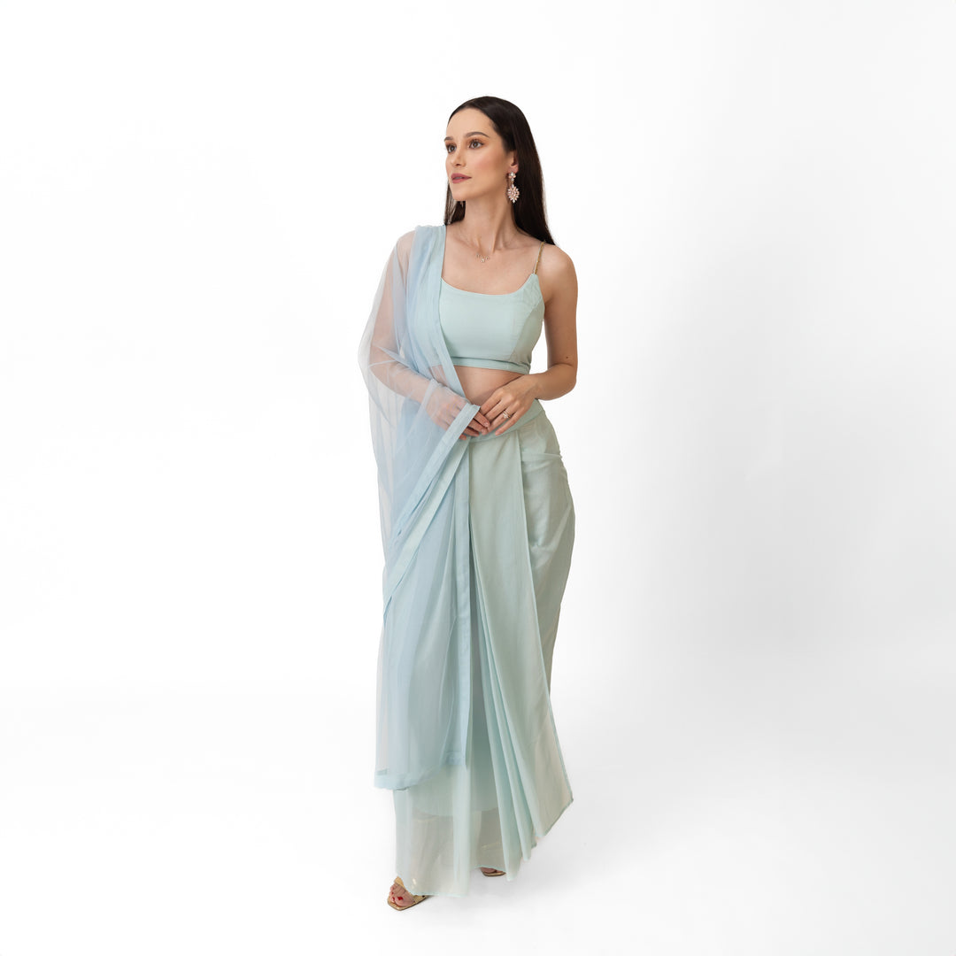 Kiya Sky Blue Shimmer Drape Skirt Set