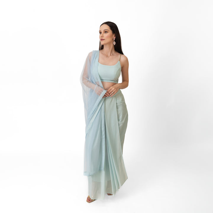 Kiya Sky Blue Shimmer Drape Skirt Set