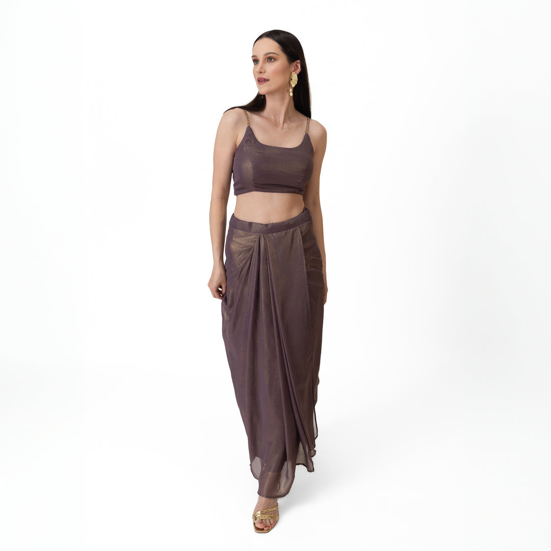 Manisha Brownish Purple Shimmer Drape Skirt Set