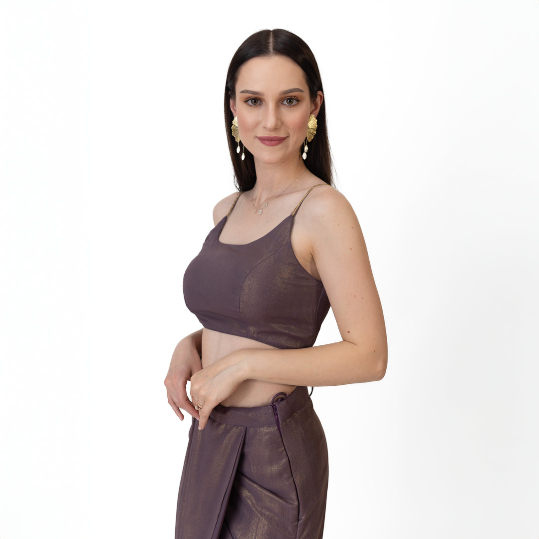 Manisha Brownish Purple Shimmer Drape Skirt Set