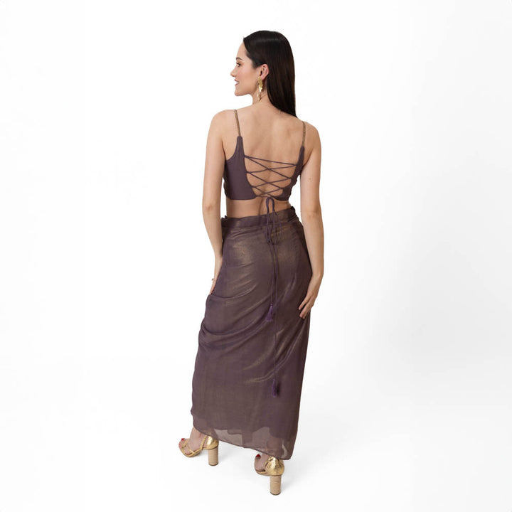 Manisha Brownish Purple Shimmer Drape Skirt Set