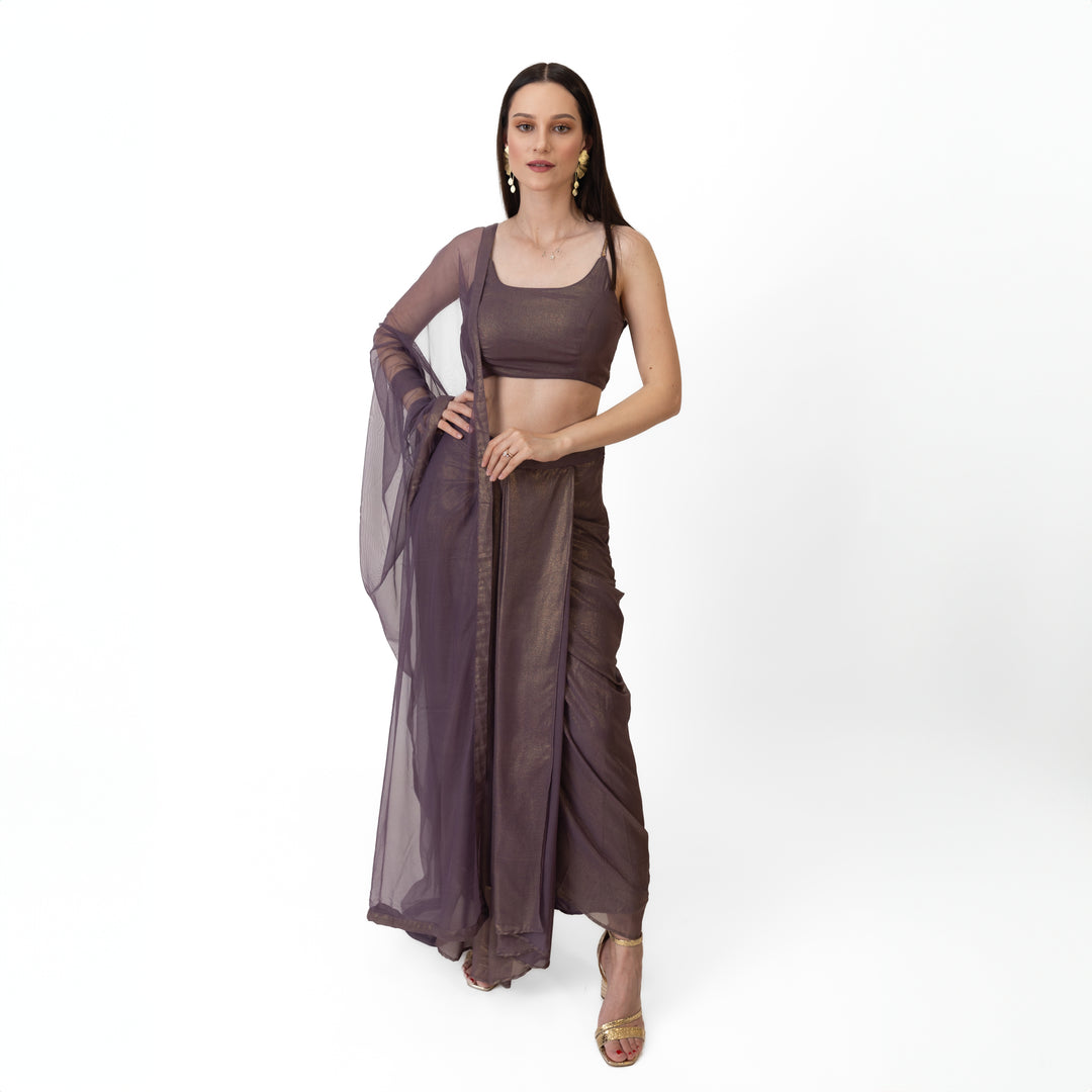 Manisha Brownish Purple Shimmer Drape Skirt Set